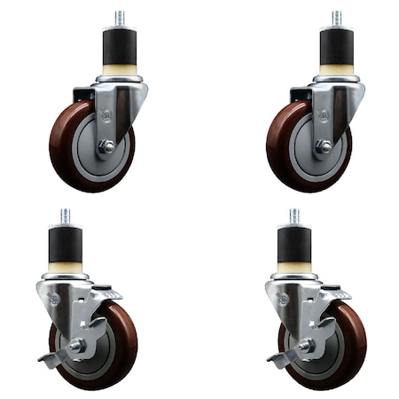 Service Caster 4'' SS Maroon Poly Wheel Swivel 1-7/8'' Expanding Stem Caster Set 2 Brakes, 4PK SCC-SSEX20S414-PPUB-MRN-2-TLB-2-178